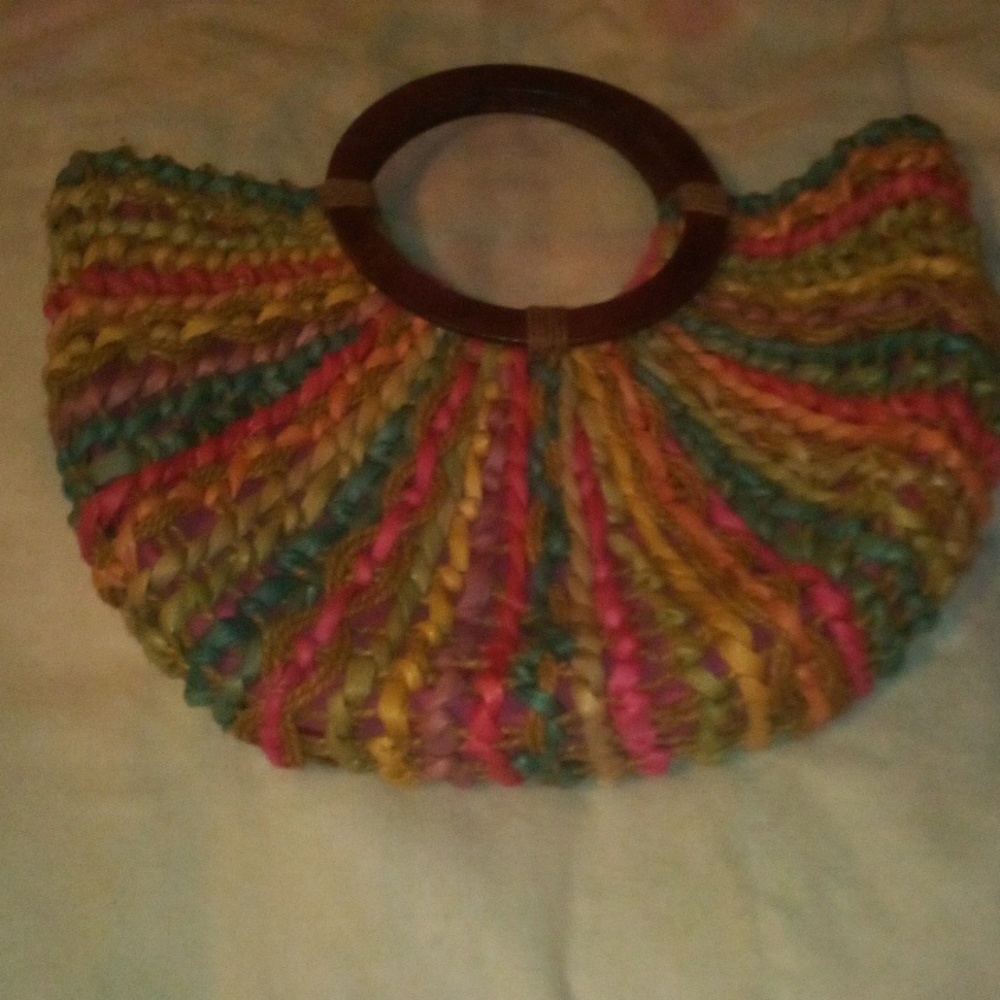 Cappelli Straworld Raffia Multi-colored, wood handle braided crescent straw bag